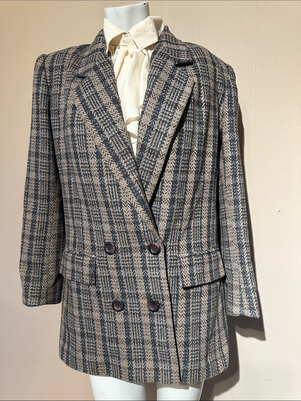 Sasson wool houndstooth vintage Plaid Double-Breasted Blazer Womens 1980s
